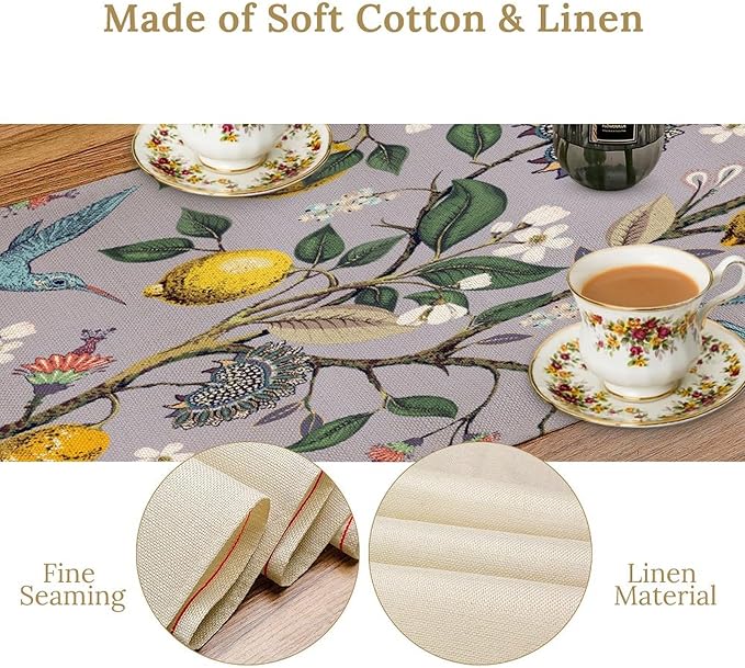 Table Runner with Flowers and Birds, Spring Plant Flowers Table Decoration Linen Table Runner Family Party Party Decorations 13x108 Inches