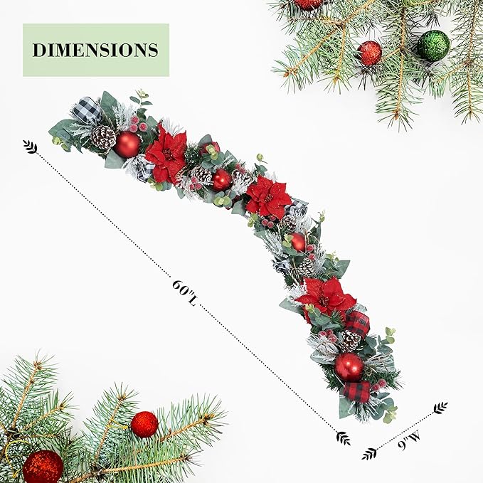 5 ft Christmas Garland for Mantle Unlit Garland for Stairs Railing, Banister, Staircase, Fireplace, for Table No Light, Garland Decor Frosted Red Poinsettia Holiday Tree (Glittery Red Poinsettia)