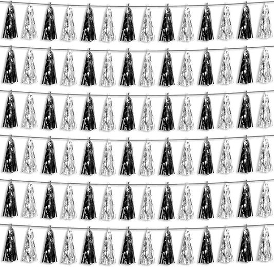 6P Black Silver Foil Fringe Metallic Tassel Streamers Banner Tassel Garland for Parade Floats, Graduation, Wedding, Birthday, Graduation, Christmas, Bridal/Baby Shower Party Decorations