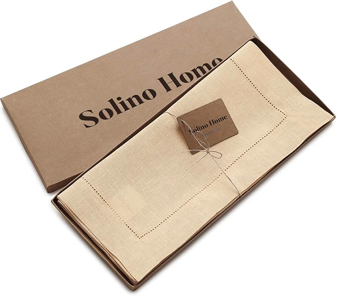 Solino Home Linen Beige Table Runner 120 Inches Long - 100% Pure Linen 14 x 120 Inch Table Runner for Fall, Autumn, Thanksgiving, Christmas - Classic Hemstitch
