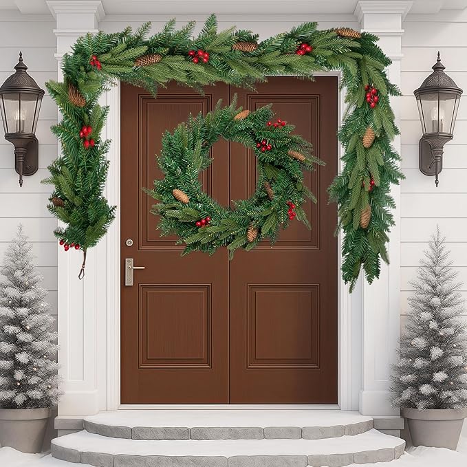 6FT Christmas Garland Artificial Norfolk Pine Tree Greenery, Cedar Cypress with Red Berries Pine Cones, Realistic Winter Holiday Mantel Fireplace Door Table Decor, Indoor Outdoor