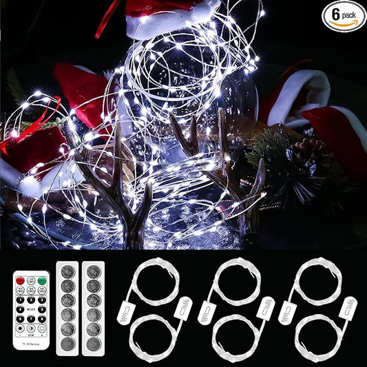 HXWEIYE 6 Pack White Fairy Lights Battery Operated with Remote & Timer, 7ft 20LED Mini String Lights Mason Jar Lights, Waterproof Firefly Starry Lights for DIY Wedding Bedroom Patio Christmas