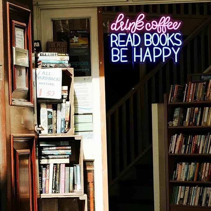 Drink Coffee Read Books Be Happy Neon Sign USB Powered Led Read Books Neon Light for Wall Decor Dimmable Pink Blue Neon Light Up Signs for Classroom Coffee Shop Bookstore Library Museum Study Room(16.5*12.6In)