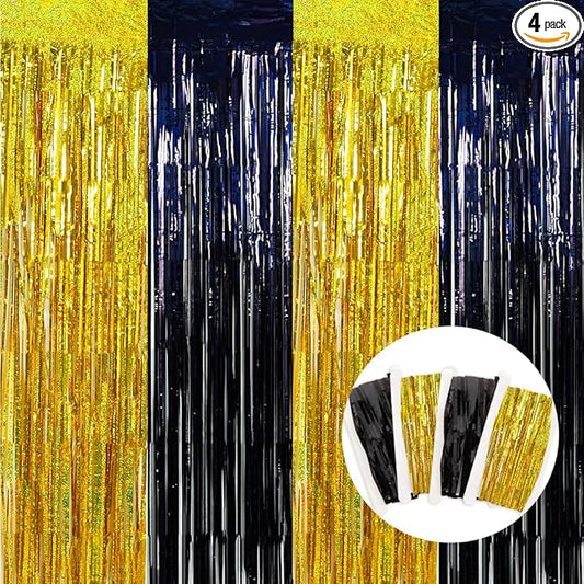 BEISHIDA 4 Pcs Black and Gold Party Streamers Fringe Foil Curtain Backdrop Tinsel Background Party Decoration for Door Wall Graduation Birthday Wedding Anniversary Christmas Party Decoration
