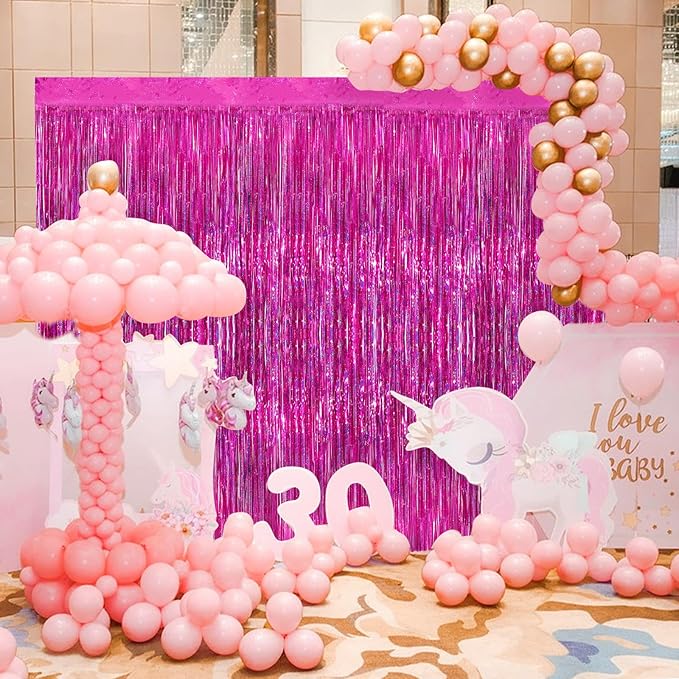 Hot Pink Metallic Tinsel Foil Fringe Curtains, 2 Pack 3.3x8.3 Feet Party Streamer for Birthday Party Decorations, Halloween Decor, Foil Curtain Backdrop for Bachelorette Party