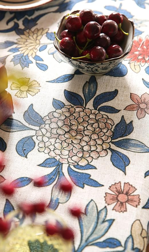 patdrea Designer Blue Tablecloth for Rectangle Table,Vintage Linen with Leaves and Floral Pattern Tablecloths,Farmhouse Decor Cover for Kitchen Dining Christmas,Thanksgiving,63"x87"-Ivar a