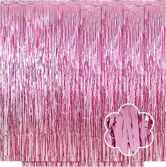 5 Pack Pink Foil Curtain Backdrop 3.2ft x 9.8ft Metallic Tinsel Foil Fringe Curtains Streamer Photo Booth Backdrop for Birthday Party Engagement Bachelorette Party Decorations (Pink)