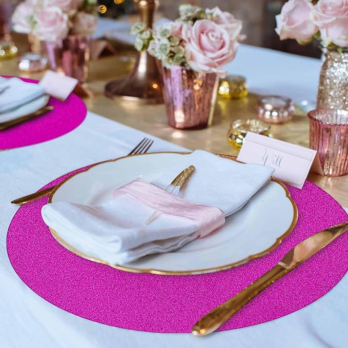 50 Pieces Hot Pink Glitter Paper Place Mats Sparkle 14'' Round Disposable Table Mats Hot Pink Doilies for Wedding Banquet Birthday Party Home Dining Table Decor