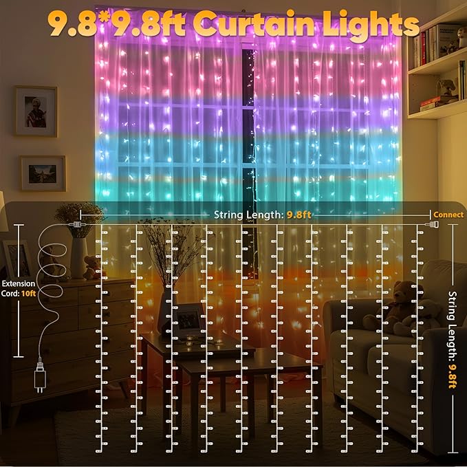suddus Curtain Lights for Bedroom, 320 Led 9.8ft x9.8ft Hanging String Lights Indoor, Curtain String Lights for Backdrop, Window, Wall, Wedding, Party, Garden, Porch, Brithday Decor Multicolor