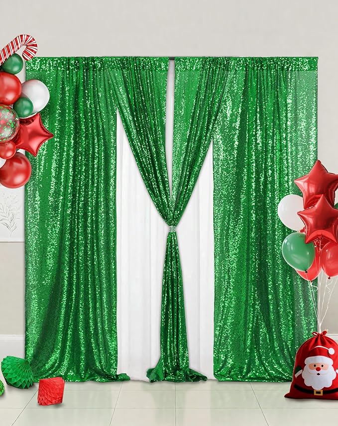 Eternal Beauty 4 PCS Sequin Backdrop Curtain, Sequin Wedding Backdrop for Christmas Party, Birthday (Green 2FTx8FT)