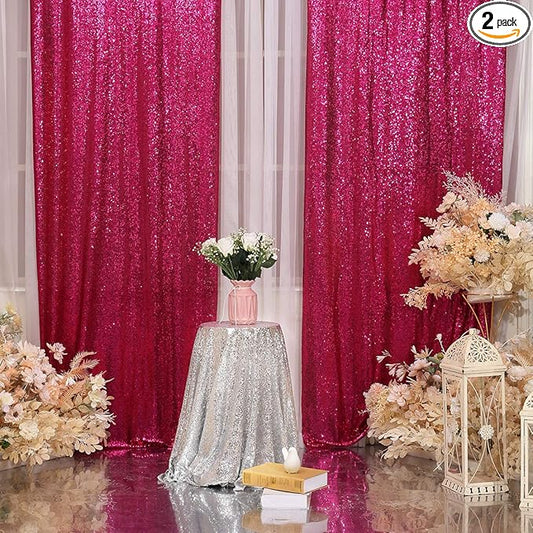 Poise3EHome 2Pcs 3Ft x 8Ft Hot Pink Sequin Backdrop Curtain, Glitter Photography Background, Sequence Xmas Thanksgiving Backdrop for Wedding Party Holiday Festival Decor