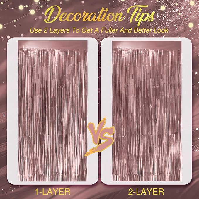 2 Pack Metallic Rose Gold Fringe Backdrop, 3.2x8.2ft Shining Foil Tinsel Curtains, Birthday Party Decorations Door Streamers for Halloween, Christmas, Wedding, Graduation, Holiday, Theme Events