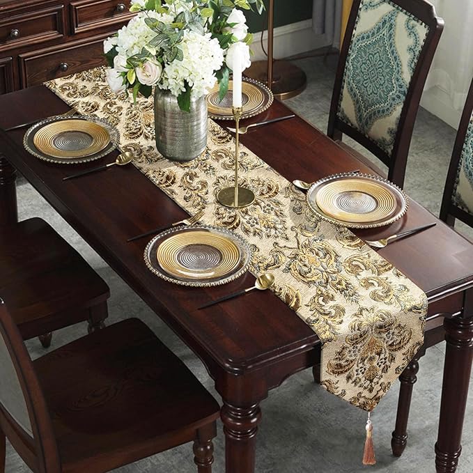 Large Dinner Room Table Runner Jacquard Chenille Luxury Floral Tablecloths Beige (13*120 inch)