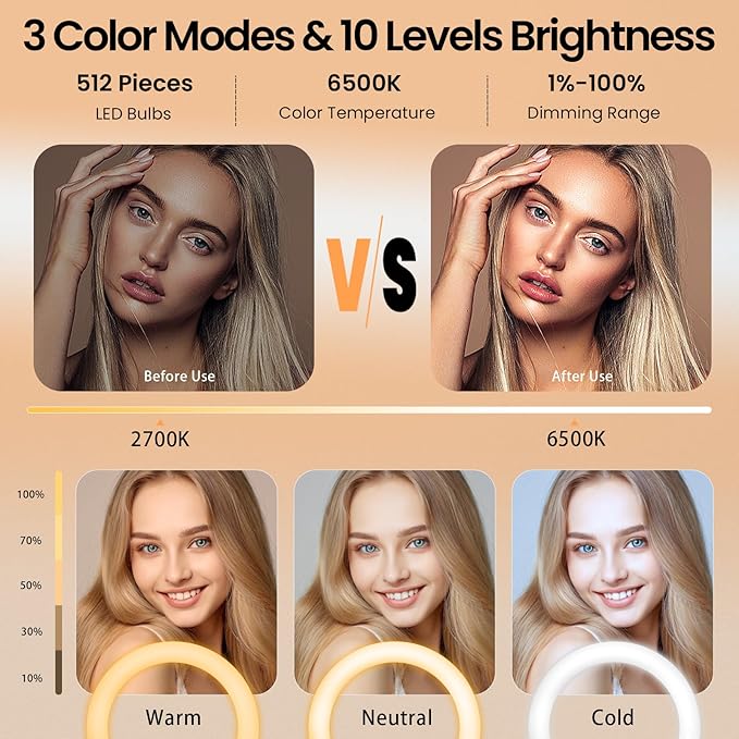 18" Foldable Ring Light with Stand for iPhone ipad, LED Display/2 USB Ports/4 Phone Tablet Holders, 2700-6500K Dimmable Ring Light for Tattoo Barber Makeup Studio Video Recording Photography