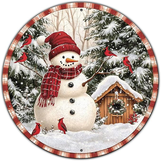 Round Christmas Metal Signs Vintage Snowman and Red Birds Tin Sign Metal Poster Christmas Snowman Sign for Bedroom Farmhouse Garage Wall Decor 12 * 12 in