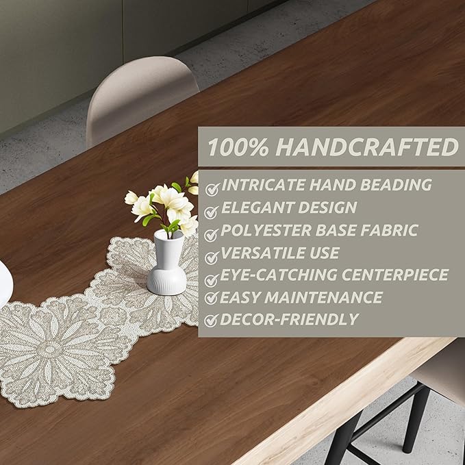 Beaded Table Runner - Elegant & Versatile Dining & Kitchen Linen for Home Decor, Weddings, Parties, Special Occasions, Modern Table Decoration & Luxury Festive Accessory (Ivory) - CLEENTABLE