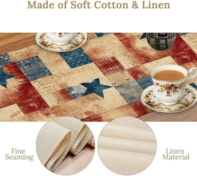 4th of July Table Runner, Rustic Vintage Country Red White Blue American Stars Independence Day Print Table Cover for Farmhouse Kitchen Dining Table Decor, 13x108inch