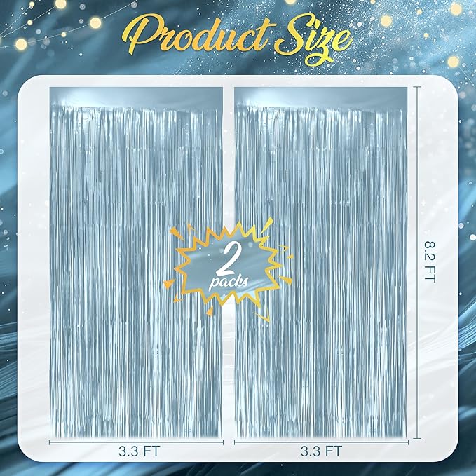 2 Pack Metallic Light Blue Fringe Backdrop, 3.2x8.2ft Shining Foil Tinsel Curtains, Birthday Party Decorations Door Streamers for Halloween, Christmas, Wedding, Graduation, Holiday, Theme Events