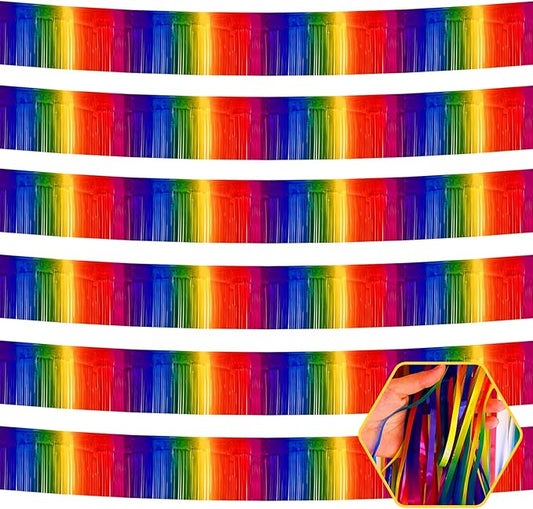 6 Pack 10 Feet Rainbow Foil Fringe Garland Metallic Tinsel Streamers Banner Wall Hanging Curtain Backdrop for Parade Floats, Birthday, Graduate, Mother's Day, Wedding Party Decoration