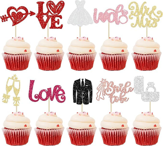 Ephlyn 30Pcs Bride to be Cupcake Toppers Glitter Wedding Cake Topper Decorations I Do Love Heart Ring Cupcake Picks for Bridal Shower Wedding Engagement Party Supplies Multicolor