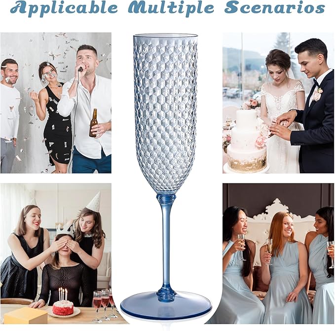 XUWAIDSGN 24 Pack Blue Detachable 2 piece Champagne Flutes 5.5 Oz Unbreakable Plastic Mimosa Disposable Champagne Glasses Drinking Cups Stemmed Reusable Wine Toasting Glasses for Wedding