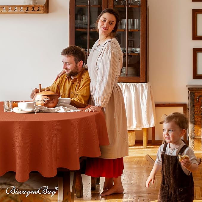 Biscaynebay Fall Tablecloth Textured Fabric Round Tablecloths 70", Rust Thanksgiving Autumn Harvest Water Resistant Fabric Tablecloths for Kitchen, Dining, Wedding, Parties Machine Washable
