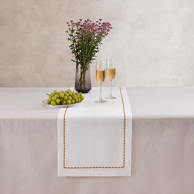 Cotton Linen Table Runner 90 Inches Long – Motif Embroidery White Dining Table Runner for Spring, Summer, Wedding Decoration, Gift – Machine Washable Fabric