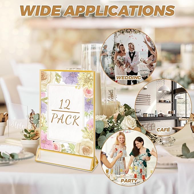 12 Pack Gold Acrylic Sign Holder 4x6 Picture Frame, Double Sided Gold Table Number Holder 4x6 Display Stand for Wedding, Home, Offices
