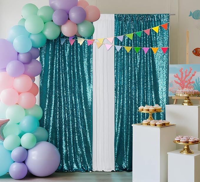 Juya Delight 2ft x 8ft x 2Pcs Teal Sequin Photography Backdrop Curtain for Wedding Party Decoration Festival Ceremony
