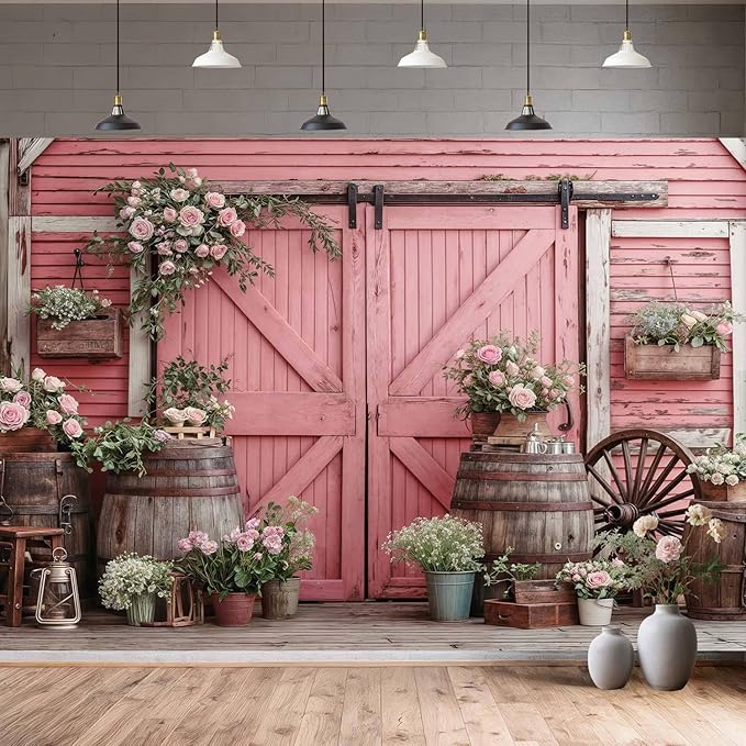 10x10ft Country Wedding Pink Photography Backdrop Rustic Wooden Door Photography Backdrop Farmhouse Flower Western Girl Birthday Baby Shower Wedding Bridal Party Banner Photo Booth Props Background