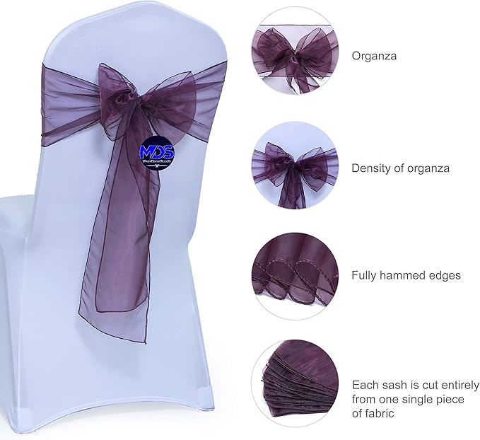 MDS Pack of 200 PCS Organza Chair Sashes Wider Dining Chair Bows Ribbon Tie Back for Wedding Party Birthday Bridal Shower Reception Event Banquet Home Chair Cover Decoration - Plum