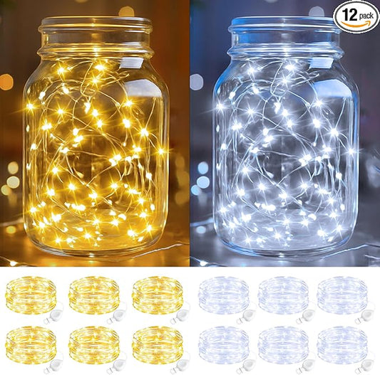 btfarm 12 Pack Fairy Lights Battery Operated, 7FT 20 LED Mini String Lights Waterproof Silver Wire for Mason Jars Centerpiece Table Crafts Bedroom Christmas Decoration, Cool-Warm White