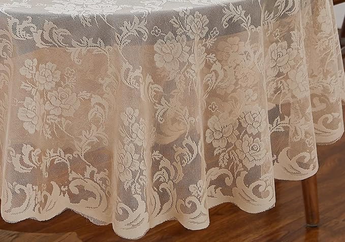 LinenZone Extra Large Linen Round Tablecloth for Rustic Vintage Decor. Sheer Lace Table Cloth Works Great As Wedding Tablecloth or Thanksgiving Table Cover. (Mia 132 Round, Linen)