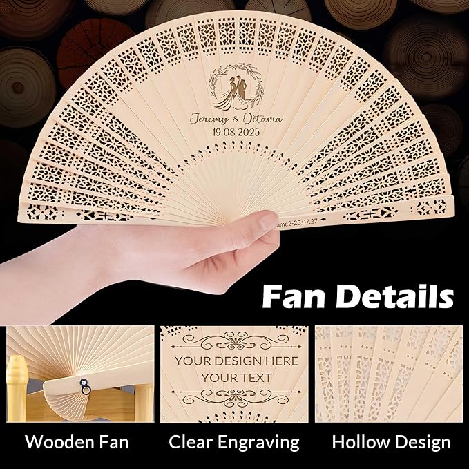 50 PCS Custom Fans Personalized Folding Fans for Line Dancing Wooden Hand Fan Wedding Favors Bulk Fans for Guests Party Event Use (Style03)