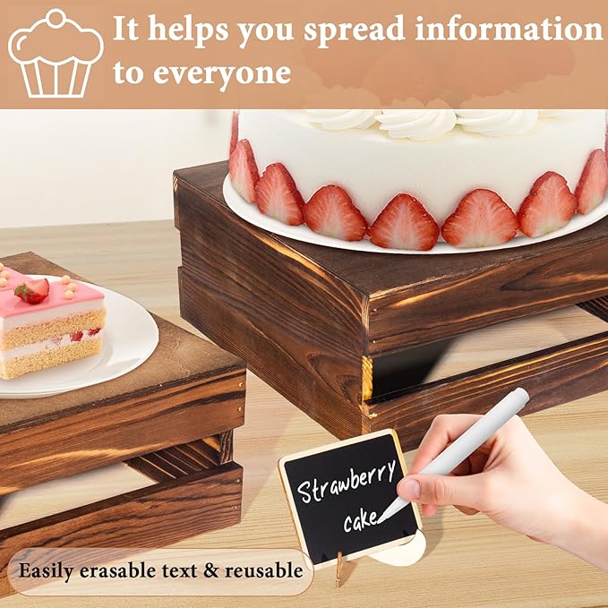 8 Pcs Buffet Risers with Mini Signs, Rustic Wood Cake Stands, Food Risers for Buffet Table, Dessert Display Stand, Wood Crates, Rustic Cake Stand for Party, Wedding, Birthday, Baby Shower, 4 Sizes