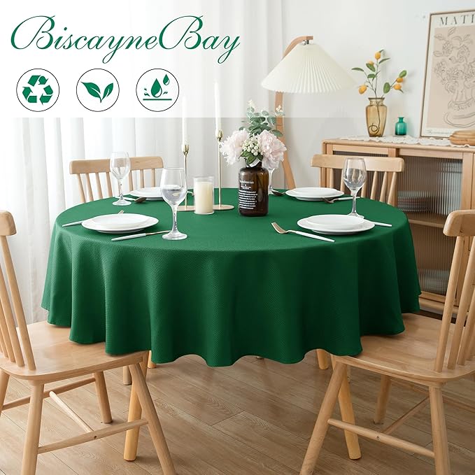 Biscaynebay 2 Pack Textured Fabric Round Tablecloths 60", Hunter Green Water Resistant Tableclothes Small Circle Folding Table Covers Linen for Dining, Kitchen, Wedding, Parties etc Machine Washable
