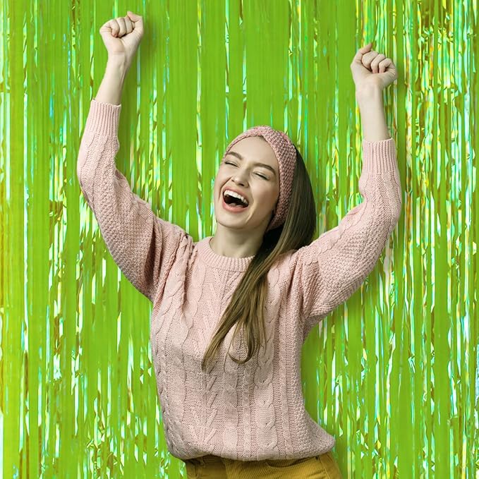 3 Pack 3.3x8.2 Feet Neon Green Foil Fringe Backdrop Curtains, Tinsel Streamers Birthday Party Decorations, Fringe Backdrop for Graduation, Baby Shower, Gender Reveal, Disco Party