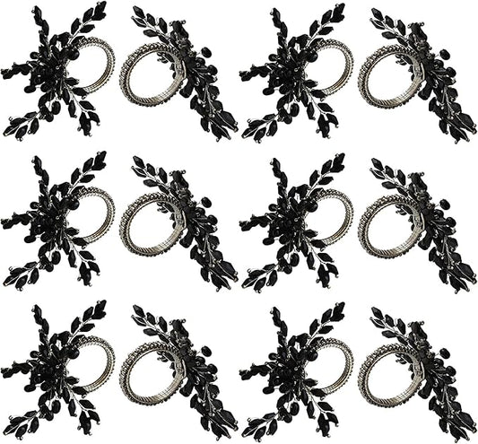 Napkin Rings Set of 12 for Dining Table Decoration Parties Everyday Metal Napkin Holder Leaf Black (Pack of 12)