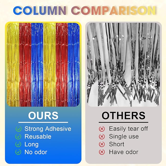 3 Pack 3.3 x 8.2 ft Blue Red Gold Foil Fringe Backdrop Curtains, Tinsel Streamers Party Decorations, Fringe Backdrop, Door Shimmer for Birthday Party