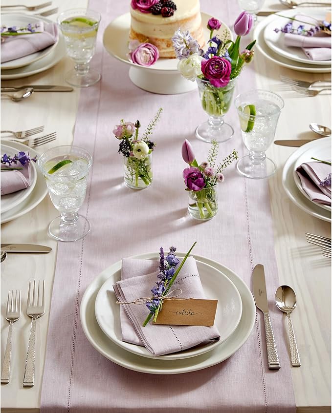 Solino Home Linen Table Runner 48 Inches - 100% Pure Linen Lilac Hemstitch Table Runner 14 x 48 Inch Ideal for Dresser and Coffee Tables - Classic Hemstitch