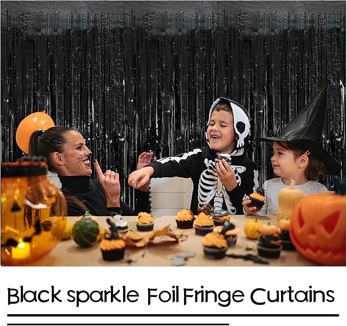 Tinsel Curtain Backdrop Black Birthday Party Decorations 10 Packs Glitter Foil Fringe Curtain Party Decor Streamers Photo Booth for Birthday Christmas Wedding Halloween Graduation Decorations
