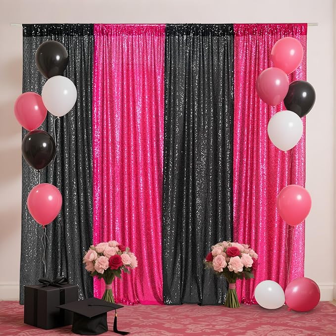 Eternal Beauty Black and Hot Pink Backdrop 4 PCS-2x8 Ft Sequin Curtain Panels for Christmas Party, Birthday