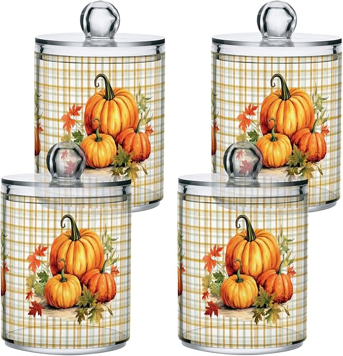 Gredecor 2 Pack Apothecary Jars with Lid Pumpkins Gingham Plaid Qtip Holder Dispenser Storage Containers Clear Plastic Rustic Fall Autumn Thanksgiving Theme Canisters for Bathroom Vanity Organization