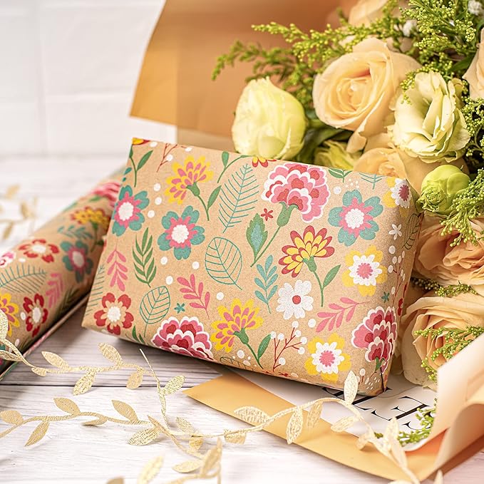 RUSPEPA Kraft Wrapping Paper Roll - Mini Roll - Carnation Design Great for Mother's day, Birthday, Party, Anniversary - 17 Inches X 32.8 Feet