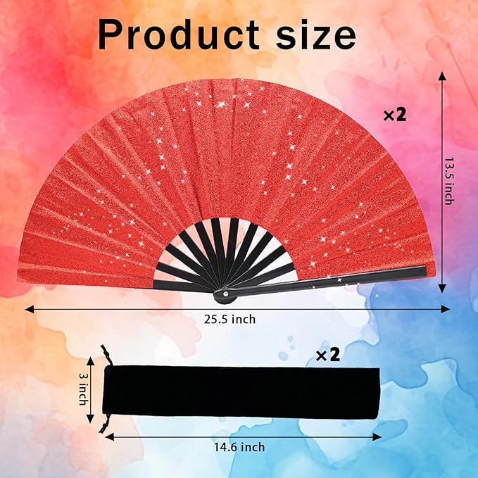 Glitter bling Large Folding Fan-Hand Fan Rave Clack Popping Fan for Line Dancing Clacking Fans for Boots On The Ground Dance, Party for EDM, Music Festival, Hot Flashes, Party, Decoration(2pcs red)
