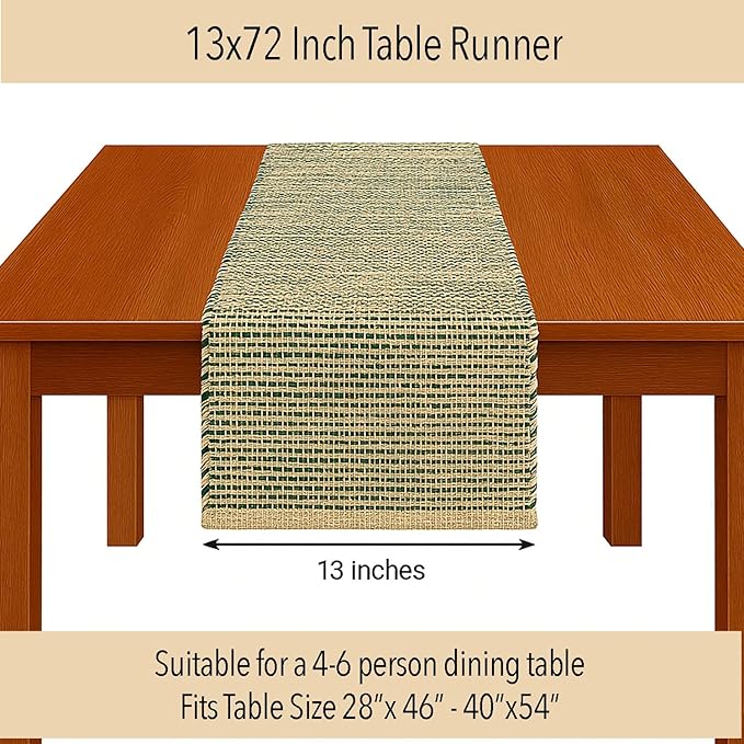 Chardin Home Natural Jute Table Runner 13x72 Inch – Vintage Boho Rustic Table Decor – Handwoven Table Runner in Natural Jute and Green – Farmhouse Dining or Console Table Accent