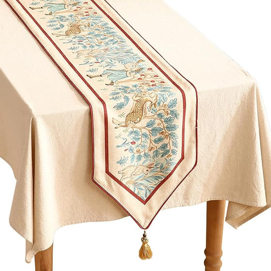 patdrea Designer Idyll Linen Extra Long Table Runner,Vintage Beige Farmhouse with Ancient Spring Figure and Animal Pattern Table Mat, Decoration for Kitchen Dining Banquet Christmas ,12"*102"