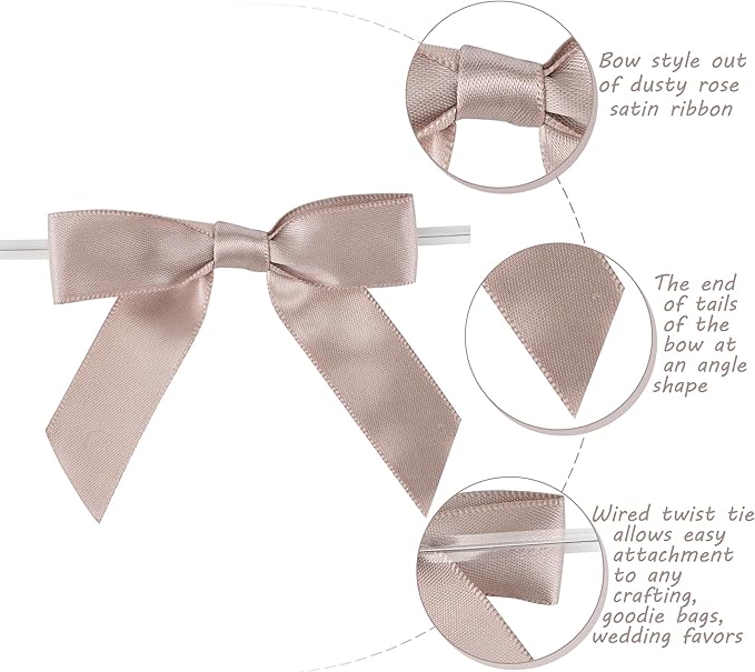 AIMUDI Dusty Rose Ribbon Bows Wedding Decor 2.5" Pretied Small Pink Bows for Crafts Premade Satin Twist Tie Bows for Treat Bags Cake Pop Bows Mini Bows for Gift Wrapping Candy Apples - 50 Counts