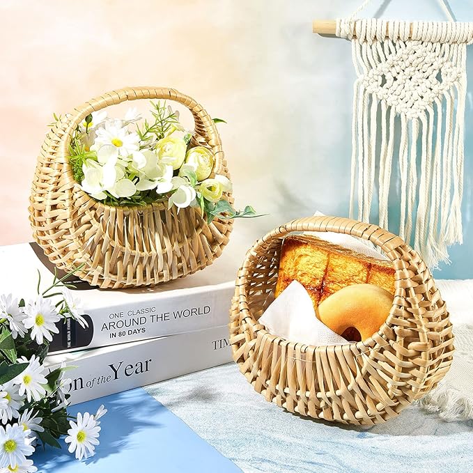 Taiyin 12 Pack Rattan Flower Girl Basket Small Half Moon Straw Wicker Basket with Handle Ideal for Wedding Flower Girl,Picnic,Garden Storage and Home Decor (Nature)
