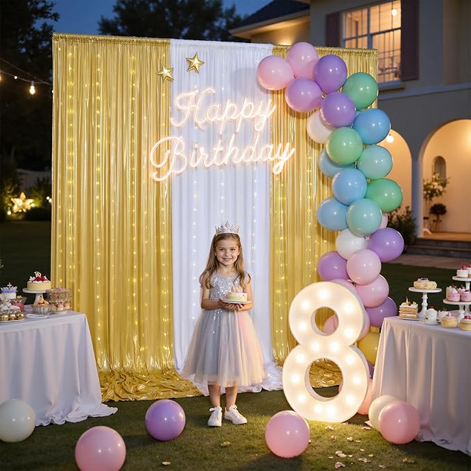 10x10 Gold Sequin Backdrop Curtain with Lights-Wrinkle Free Thick Glitter Backdrop Drapes for Wedding Parties Events Halloween Decor-2 Panels 5×10ft Shimmer Photo Booth Background for Photography